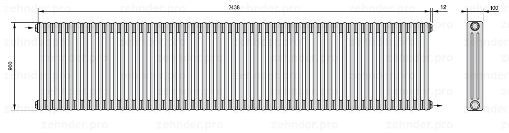 Схема (чертеж) Радиатор Zehnder Charleston 3090/53 №1670 Белый глянцевый RAL 9016